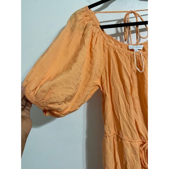 LUCY PARIS Midi Dress Kierlan Tiered Skirt Puff Sleeves Orange size Small - Picture 7 of 14